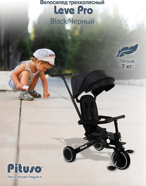 Изображение товара Трехколесный велосипед с ручкой Pituso Leve Pro / T8 Plus-Black (черный)