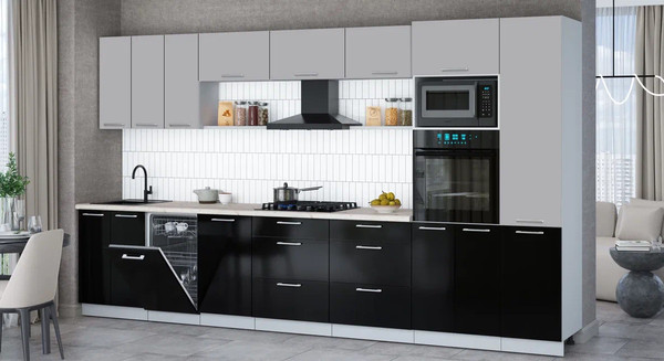 Изображение товара Кухонный гарнитур Интерлиния Мила Gloss 3.7-ПМ3 (черный глянец/грей/бискайская сосна)