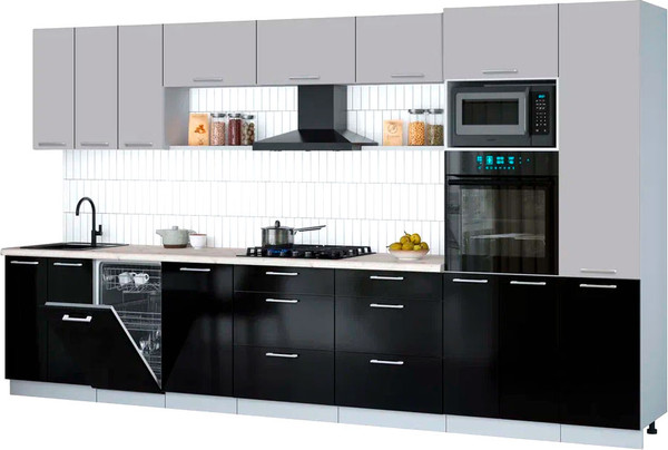 Изображение товара Кухонный гарнитур Интерлиния Мила Gloss 3.7-ПМ3 (черный глянец/грей/бискайская сосна)
