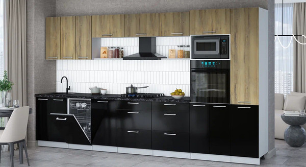 Изображение товара Кухонный гарнитур Интерлиния Мила Gloss 3.7-ПМ3 (черный глянец/дуб вотан/кастилло темный)