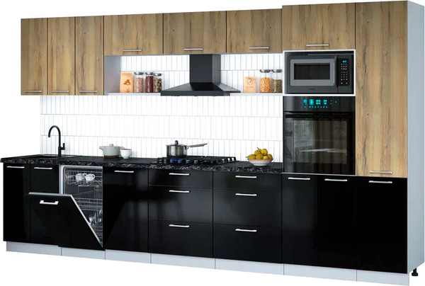 Изображение товара Кухонный гарнитур Интерлиния Мила Gloss 3.7-ПМ3 (черный глянец/дуб вотан/кастилло темный)