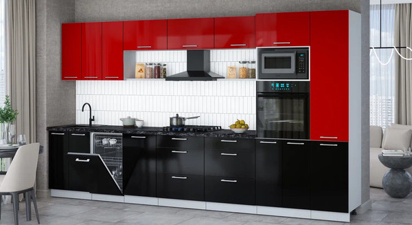 Изображение товара Кухонный гарнитур Интерлиния Мила Gloss 3.7-ПМ3 (черный глянец/красный глянец/кастилло темный)