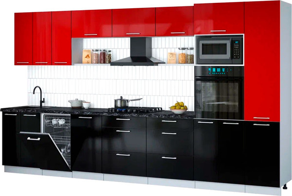 Изображение товара Кухонный гарнитур Интерлиния Мила Gloss 3.7-ПМ3 (черный глянец/красный глянец/кастилло темный)
