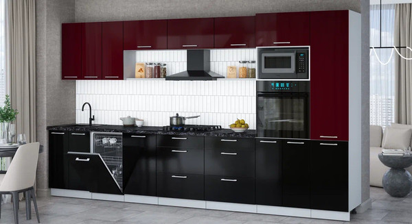 Изображение товара Кухонный гарнитур Интерлиния Мила Gloss 3.7-ПМ3 (черный глянец/бордовый глянец/кастилло темный)