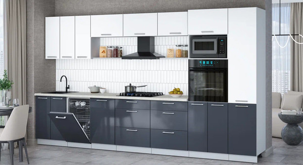 Изображение товара Кухонный гарнитур Интерлиния Мила Gloss 3.7-ПМ3 (асфальт глянец/белый/опал светлый)