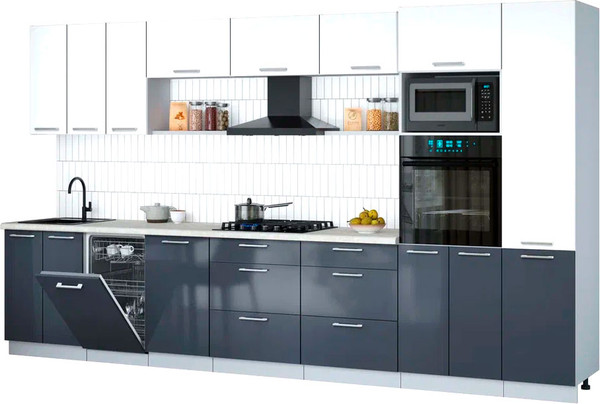 Изображение товара Кухонный гарнитур Интерлиния Мила Gloss 3.7-ПМ3 (асфальт глянец/белый/опал светлый)