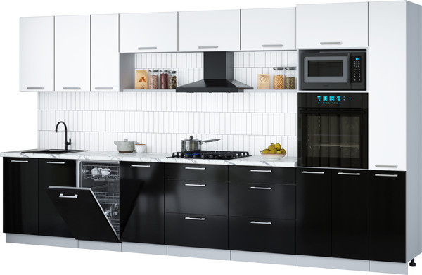 Изображение товара Кухонный гарнитур Интерлиния Мила Gloss 3.8-ПМ3 (черный глянец/белый/белый гранит)