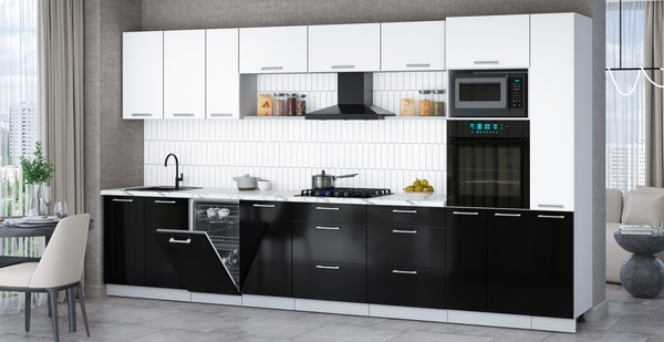 Изображение товара Кухонный гарнитур Интерлиния Мила Gloss 3.8-ПМ3 (черный глянец/белый/белый гранит)