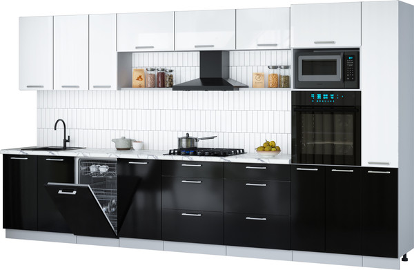 Изображение товара Кухонный гарнитур Интерлиния Мила Gloss 3.8-ПМ3 (черный глянец/белый глянец/белый гранит)