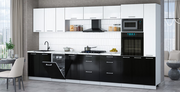 Изображение товара Кухонный гарнитур Интерлиния Мила Gloss 3.8-ПМ3 (черный глянец/белый глянец/белый гранит)