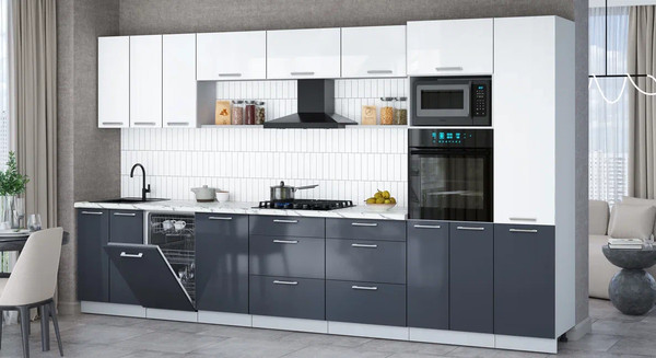 Изображение товара Кухонный гарнитур Интерлиния Мила Gloss 3.7-ПМ3 (асфальт глянец/белый глянец/белый гранит)