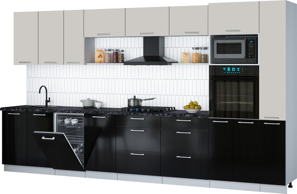 Изображение товара Кухонный гарнитур Интерлиния Мила Gloss 3.8-ПМ3 (черный глянец/кашемир/кастилло темный)