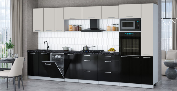 Изображение товара Кухонный гарнитур Интерлиния Мила Gloss 3.8-ПМ3 (черный глянец/кашемир/кастилло темный)