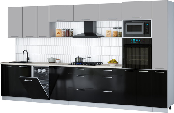 Изображение товара Кухонный гарнитур Интерлиния Мила Gloss 3.8-ПМ3 (черный глянец/грей/бискайская сосна)