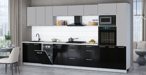 Изображение товара Кухонный гарнитур Интерлиния Мила Gloss 3.8-ПМ3 (черный глянец/грей/бискайская сосна)