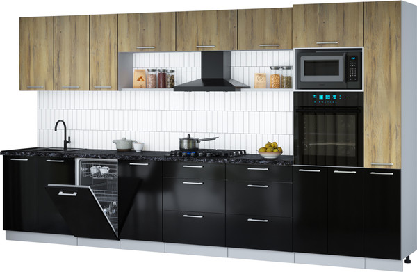 Изображение товара Кухонный гарнитур Интерлиния Мила Gloss 3.8-ПМ3 (черный глянец/дуб вотан/кастилло темный)