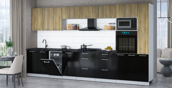 Изображение товара Кухонный гарнитур Интерлиния Мила Gloss 3.8-ПМ3 (черный глянец/дуб вотан/кастилло темный)