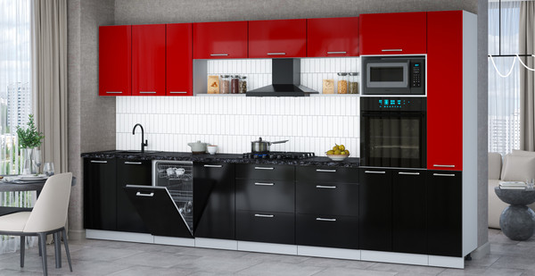 Изображение товара Кухонный гарнитур Интерлиния Мила Gloss 3.8-ПМ3 (черный глянец/красный глянец/кастилло темный)