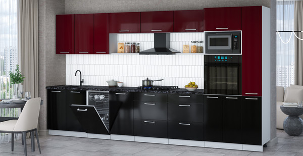 Изображение товара Кухонный гарнитур Интерлиния Мила Gloss 3.8-ПМ3 (черный глянец/бордовый глянец/кастилло темный)