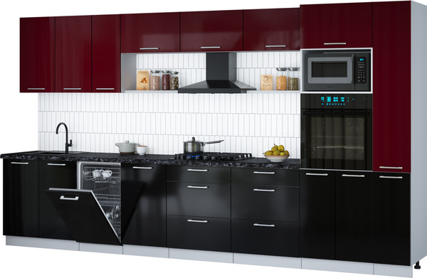 Изображение товара Кухонный гарнитур Интерлиния Мила Gloss 3.8-ПМ3 (черный глянец/бордовый глянец/кастилло темный)