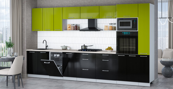 Изображение товара Кухонный гарнитур Интерлиния Мила Gloss 3.8-ПМ3 (черный глянец/яблоко глянец/травертин серый)