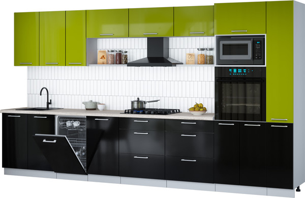 Изображение товара Кухонный гарнитур Интерлиния Мила Gloss 3.8-ПМ3 (черный глянец/яблоко глянец/травертин серый)