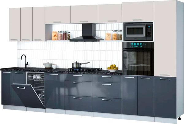 Изображение товара Кухонный гарнитур Интерлиния Мила Gloss 3.7-ПМ3 (асфальт глянец/кашемир/кастилло темный)