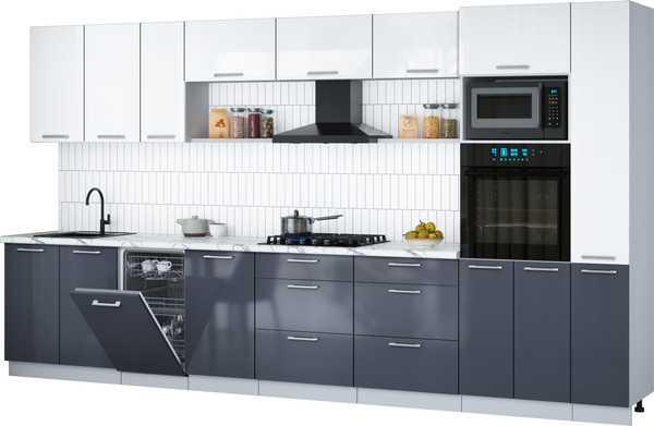 Изображение товара Кухонный гарнитур Интерлиния Мила Gloss 3.8-ПМ3 (асфальт глянец/белый глянец/белый гранит)