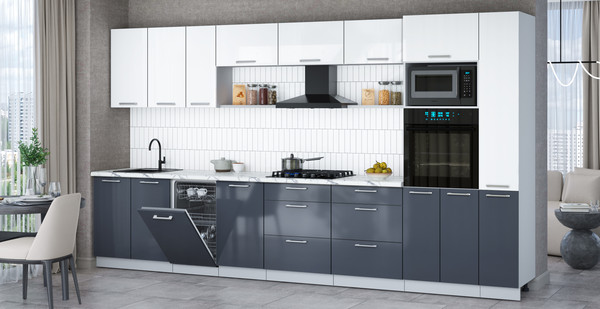 Изображение товара Кухонный гарнитур Интерлиния Мила Gloss 3.8-ПМ3 (асфальт глянец/белый глянец/белый гранит)