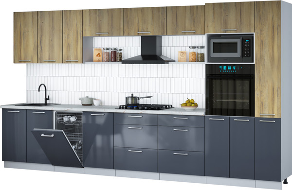 Изображение товара Кухонный гарнитур Интерлиния Мила Gloss 3.8-ПМ3 (асфальт глянец/дуб вотан/серый каспий)