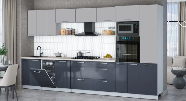 Изображение товара Кухонный гарнитур Интерлиния Мила Gloss 3.7-ПМ3 (асфальт глянец/грей/бискайская сосна)