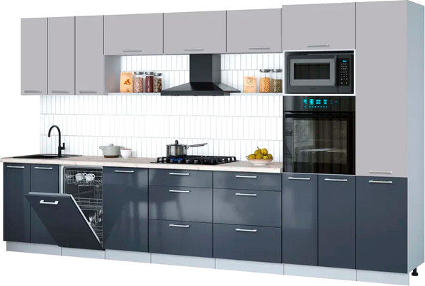 Изображение товара Кухонный гарнитур Интерлиния Мила Gloss 3.7-ПМ3 (асфальт глянец/грей/бискайская сосна)