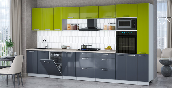 Изображение товара Кухонный гарнитур Интерлиния Мила Gloss 3.8-ПМ3 (асфальт глянец/яблоко глянец/травертин серый)