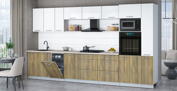 Изображение товара Кухонный гарнитур Интерлиния Мила Gloss 3.8-ПМ3 (дуб вотан/белый глянец/травертин серый)