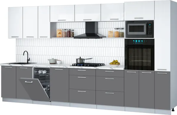 Изображение товара Кухонный гарнитур Interline Мила Gloss 3.8-ПМ3 (серый/белый глянец/белый гранит)