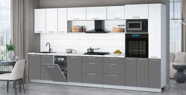 Изображение товара Кухонный гарнитур Interline Мила Gloss 3.8-ПМ3 (серый/белый глянец/белый гранит)