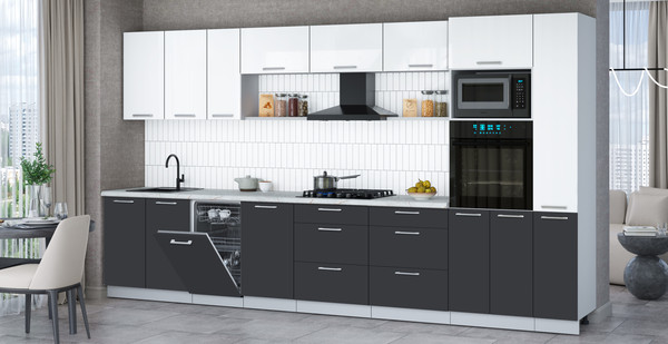 Изображение товара Кухонный гарнитур Интерлиния Мила Gloss 3.8-ПМ3 (пепел/белый глянец/серый каспий)