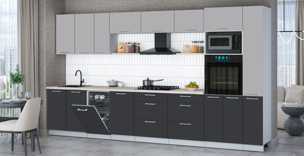 Изображение товара Кухонный гарнитур Интерлиния Мила Gloss 3.8-ПМ3 (пепел/грей/травертин серый)