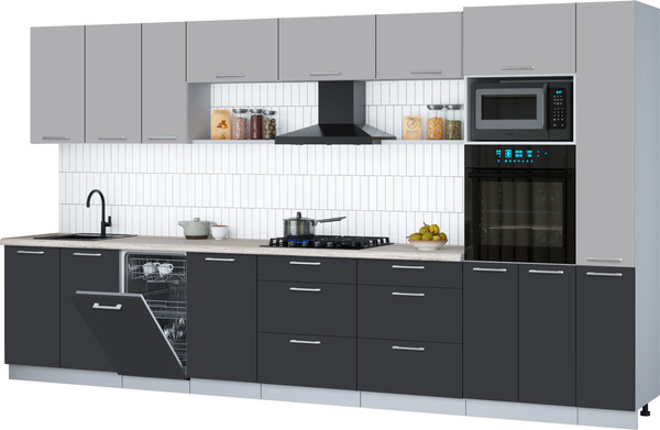 Изображение товара Кухонный гарнитур Интерлиния Мила Gloss 3.8-ПМ3 (пепел/грей/травертин серый)