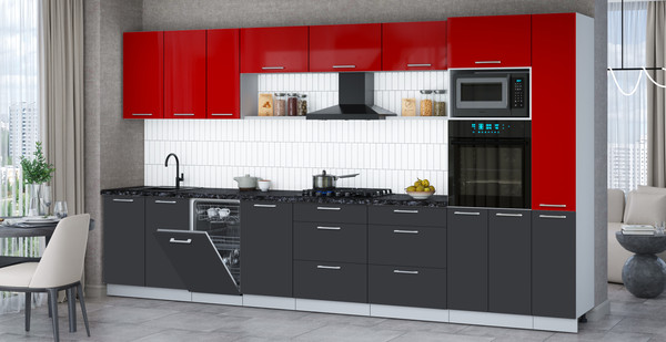 Изображение товара Кухонный гарнитур Интерлиния Мила Gloss 3.8-ПМ3 (пепел/красный глянец/кастилло темный)