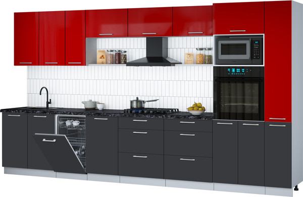 Изображение товара Кухонный гарнитур Интерлиния Мила Gloss 3.8-ПМ3 (пепел/красный глянец/кастилло темный)