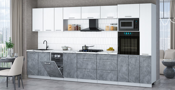 Изображение товара Кухонный гарнитур Интерлиния Мила Gloss 3.8-ПМ3 (керамика/белый глянец/белый гранит)