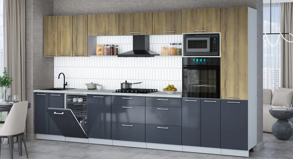 Изображение товара Кухонный гарнитур Интерлиния Мила Gloss 3.7-ПМ3 (асфальт глянец/дуб вотан/серый каспий)
