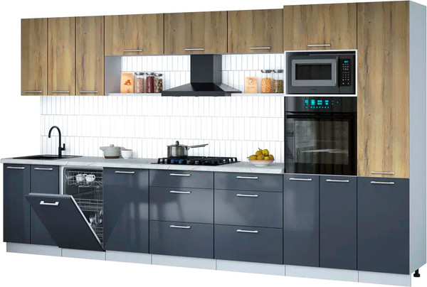 Изображение товара Кухонный гарнитур Интерлиния Мила Gloss 3.7-ПМ3 (асфальт глянец/дуб вотан/серый каспий)