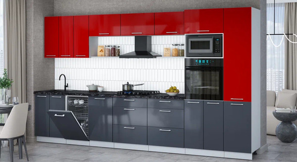 Изображение товара Кухонный гарнитур Интерлиния Мила Gloss 3.7-ПМ3 (асфальт глянец/красный глянец/кастилло темный)
