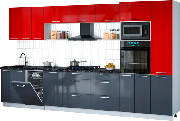 Изображение товара Кухонный гарнитур Интерлиния Мила Gloss 3.7-ПМ3 (асфальт глянец/красный глянец/кастилло темный)