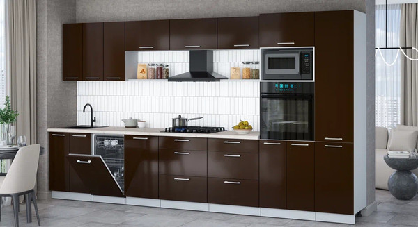 Изображение товара Кухонный гарнитур Интерлиния Мила Gloss 3.7-ПМ3 (шоколад глянец/шоколад глянец/бискайская сосна)