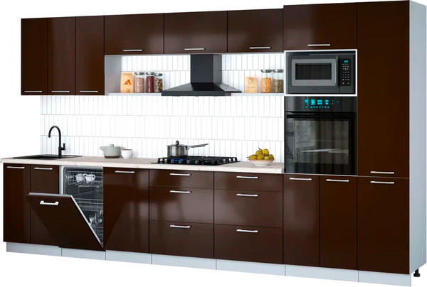Изображение товара Кухонный гарнитур Интерлиния Мила Gloss 3.7-ПМ3 (шоколад глянец/шоколад глянец/бискайская сосна)