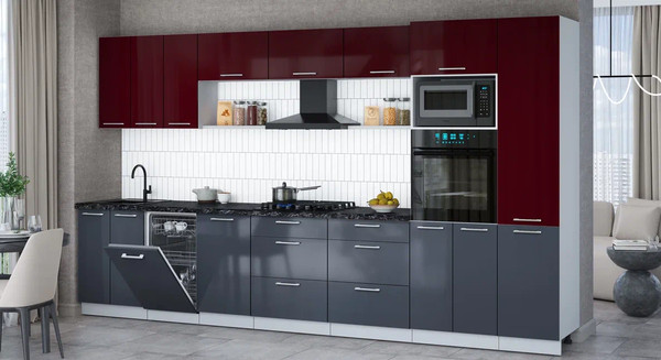Изображение товара Кухонный гарнитур Интерлиния Мила Gloss 3.7-ПМ3 (асфальт глянец/бордовый глянец/кастилло темный)