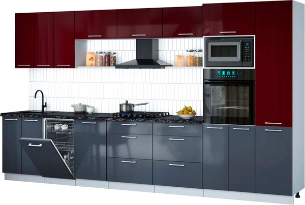 Изображение товара Кухонный гарнитур Интерлиния Мила Gloss 3.7-ПМ3 (асфальт глянец/бордовый глянец/кастилло темный)
